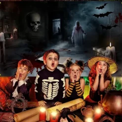 Halloween Horror Wall Tapestry – Haunted Room with Bloody Books, Ghost, Skull and Bats, Scary Wall Hanging for Party, Bedroom, Living Room 2025 Halloween Decoration