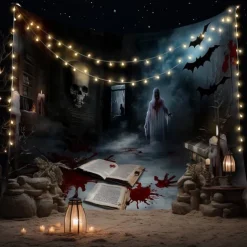 Halloween Horror Wall Tapestry – Haunted Room with Bloody Books, Ghost, Skull and Bats, Scary Wall Hanging for Party, Bedroom, Living Room 2025 Halloween Decoration