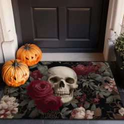 Halloween Indoor Outdoor Doormat Kitchen Mat Fire Skulls Pattern, Non-Slip Front Door Mat for Porch, Entryway, Patio, Bedroom, Bathroom and 2025 Halloween Home Decoration