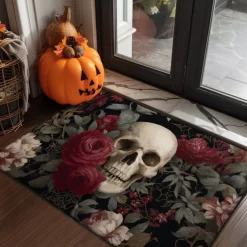 Halloween Indoor Outdoor Doormat Kitchen Mat Fire Skulls Pattern, Non-Slip Front Door Mat for Porch, Entryway, Patio, Bedroom, Bathroom and 2025 Halloween Home Decoration