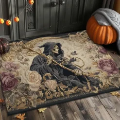Halloween Indoor Outdoor Doormat Kitchen Mat Fire Skulls Pattern, Non-Slip Front Door Mat for Porch, Entryway, Patio, Bedroom, Bathroom and 2025 Halloween Home Decoration