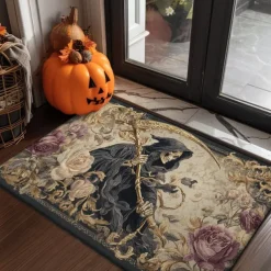 Halloween Indoor Outdoor Doormat Kitchen Mat Fire Skulls Pattern, Non-Slip Front Door Mat for Porch, Entryway, Patio, Bedroom, Bathroom and 2025 Halloween Home Decoration