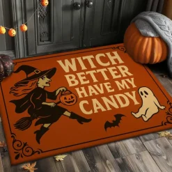 Halloween Indoor Outdoor Doormat Kitchen Mat Purple Witch Hat with Quote, Non-Slip Front Door Mat for Porch, Entryway, Patio, Bedroom, Bathroom and 2025 Halloween Home Decoration
