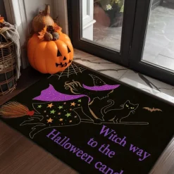 Halloween Indoor Outdoor Doormat Kitchen Mat Purple Witch Hat with Quote, Non-Slip Front Door Mat for Porch, Entryway, Patio, Bedroom, Bathroom and 2025 Halloween Home Decoration
