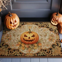 Halloween Indoor Outdoor Doormat Kitchen Mat Pumpkin Face with Ornamental Frame Design, Non-Slip Front Door Mat for Porch, Entryway, Patio, Bedroom, Bathroom and 2025 Halloween Home Decoration
