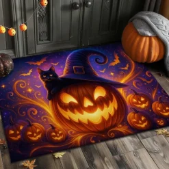 Halloween Indoor Outdoor Doormat Kitchen Mat Glowing Pumpkin Face Design, Non-Slip Front Door Mat for Porch, Entryway, Patio, Bedroom, Bathroom and 2025 Halloween Home Decoration