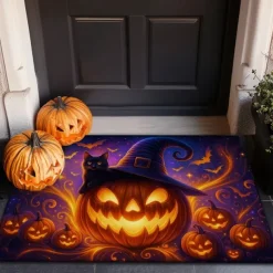 Halloween Indoor Outdoor Doormat Kitchen Mat Glowing Pumpkin Face Design, Non-Slip Front Door Mat for Porch, Entryway, Patio, Bedroom, Bathroom and 2025 Halloween Home Decoration