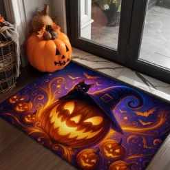 Halloween Indoor Outdoor Doormat Kitchen Mat Glowing Pumpkin Face Design, Non-Slip Front Door Mat for Porch, Entryway, Patio, Bedroom, Bathroom and 2025 Halloween Home Decoration