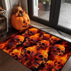 Halloween Indoor Outdoor Doormat Kitchen Mat Fire Skulls Pattern, Non-Slip Front Door Mat for Porch, Entryway, Patio, Bedroom, Bathroom and 2025 Halloween Home Decoration