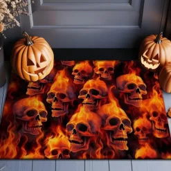 Halloween Indoor Outdoor Doormat Kitchen Mat Fire Skulls Pattern, Non-Slip Front Door Mat for Porch, Entryway, Patio, Bedroom, Bathroom and 2025 Halloween Home Decoration