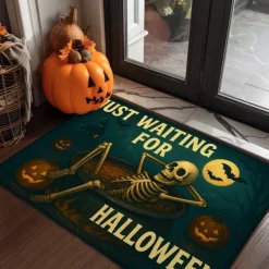 Halloween Indoor Outdoor Doormat Kitchen Mat Funny Skeleton Waiting for Halloween, Non-Slip Front Door Mat for Porch, Entryway, Patio, Bedroom, Bathroom and 2025 Halloween Home Decoration