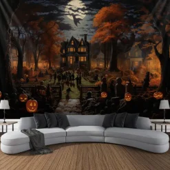 Halloween Jack O Lantern Pumpkin Hanging Tapestry Wall Art Large Tapestry Mural Decor Photograph Backdrop Blanket Curtain Home Bedroom Living Room Creepy Town Mansion House Halloween Decorations