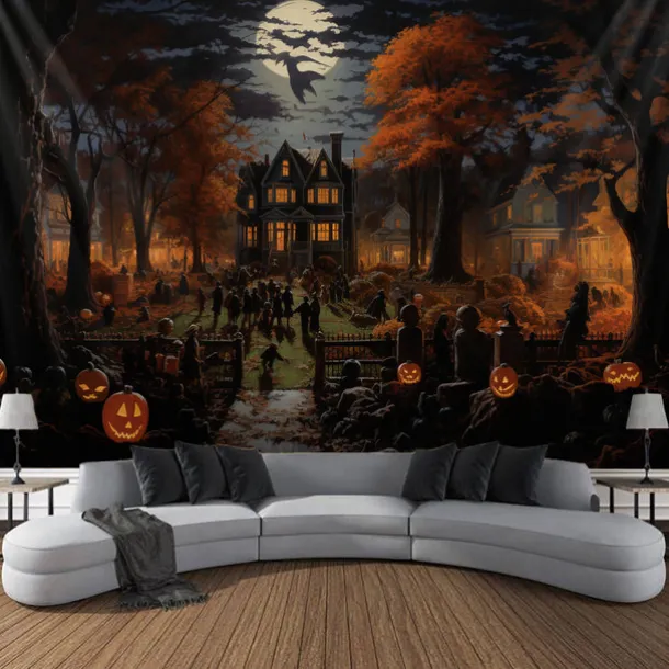 Halloween Jack O Lantern Pumpkin Hanging Tapestry Wall Art Large Tapestry Mural Decor Photograph Backdrop Blanket Curtain Home Bedroom Living Room Creepy Town Mansion House Halloween Decorations