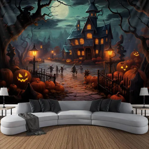 Halloween Jack O Lantern Pumpkin Hanging Tapestry Wall Art Large Tapestry Mural Decor Photograph Backdrop Blanket Curtain Home Bedroom Living Room Creepy Town Mansion House Halloween Decorations