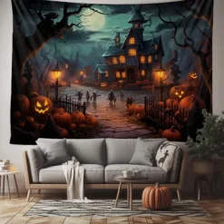 Halloween Jack O Lantern Pumpkin Hanging Tapestry Wall Art Large Tapestry Mural Decor Photograph Backdrop Blanket Curtain Home Bedroom Living Room Creepy Town Mansion House Halloween Decorations