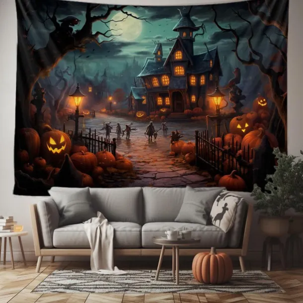 Halloween Jack O Lantern Pumpkin Hanging Tapestry Wall Art Large Tapestry Mural Decor Photograph Backdrop Blanket Curtain Home Bedroom Living Room Creepy Town Mansion House Halloween Decorations