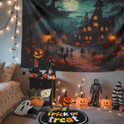Halloween Jack O Lantern Pumpkin Hanging Tapestry Wall Art Large Tapestry Mural Decor Photograph Backdrop Blanket Curtain Home Bedroom Living Room Creepy Town Mansion House Halloween Decorations