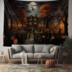 Halloween Jack O Lantern Pumpkin Hanging Tapestry Wall Art Large Tapestry Mural Decor Photograph Backdrop Blanket Curtain Home Bedroom Living Room Creepy Town Mansion House Halloween Decorations