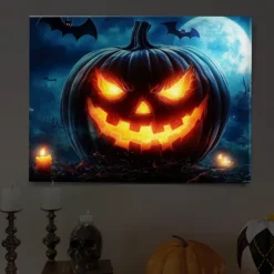 Halloween Jack-o'-Lantern Close-up LED Canvas Wall Art - Battery Operated Lighted Wall Decor for 2025 Halloween home decoration light livingroom and bedroom