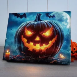 Halloween Jack-o'-Lantern Close-up LED Canvas Wall Art - Battery Operated Lighted Wall Decor for 2025 Halloween home decoration light livingroom and bedroom