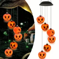 Halloween Lights Solar Wind Chimes Color Changing Jack O Lantern Outdoor Halloween Decorations With 6 Pumpkin Lights, Waterproof Thanksgiving Fall Decor for Tree Door Window Party Yard Decoration