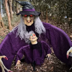 Halloween New Arrival Parent and Child Witch Figurine Set with Ground Plug and Glowing Little Witch for Garden Atmosphere Decoration