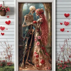 Halloween Outdoor Decorations Door Covers Door Tapestry Door Curtain Decoration Backdrop Indoor/Outdoor Door Banner for Front Door Farmhouse Skull Couple