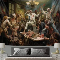 Halloween Party Horror Hanging Tapestry Wall Art Large Tapestry Mural Decor Photograph Backdrop Blanket Curtain Home Bedroom Living Room Decoration Skull Zombie Blood Halloween Decorations