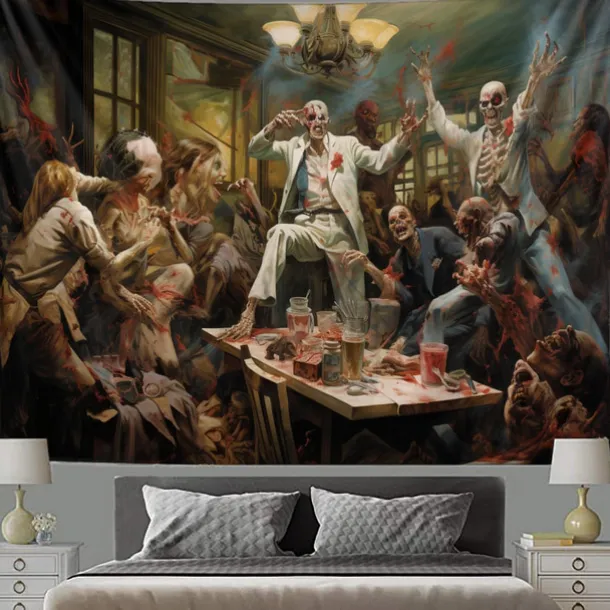 Halloween Party Horror Hanging Tapestry Wall Art Large Tapestry Mural Decor Photograph Backdrop Blanket Curtain Home Bedroom Living Room Decoration Skull Zombie Blood Halloween Decorations