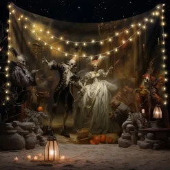 Halloween Party Horror Hanging Tapestry Wall Art Large Tapestry Mural Decor Photograph Backdrop Blanket Curtain Home Bedroom Living Room Decoration Skull Zombie Blood Halloween Decorations