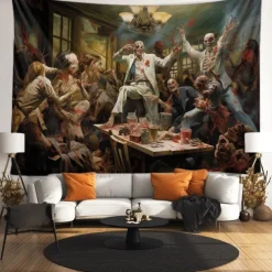 Halloween Party Horror Hanging Tapestry Wall Art Large Tapestry Mural Decor Photograph Backdrop Blanket Curtain Home Bedroom Living Room Decoration Skull Zombie Blood Halloween Decorations