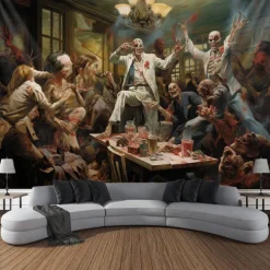 Halloween Party Horror Hanging Tapestry Wall Art Large Tapestry Mural Decor Photograph Backdrop Blanket Curtain Home Bedroom Living Room Decoration Skull Zombie Blood Halloween Decorations