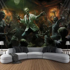 Halloween Party Horror Hanging Tapestry Wall Art Large Tapestry Mural Decor Photograph Backdrop Blanket Curtain Home Bedroom Living Room Decoration Skull Zombie Blood Halloween Decorations