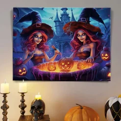 Halloween Pumpkin and Haunted Castle LED Canvas Wall Art - Battery Operated Lighted Wall Decor for 2025 Halloween home decoration light livingroom and bedroom