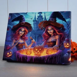 Halloween Pumpkin and Haunted Castle LED Canvas Wall Art - Battery Operated Lighted Wall Decor for 2025 Halloween home decoration light livingroom and bedroom