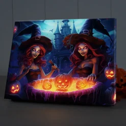 Halloween Pumpkin and Haunted Castle LED Canvas Wall Art - Battery Operated Lighted Wall Decor for 2025 Halloween home decoration light livingroom and bedroom