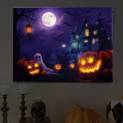 Halloween Pumpkin and Haunted Castle LED Canvas Wall Art - Battery Operated Lighted Wall Decor for 2025 Halloween home decoration light livingroom and bedroom