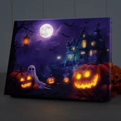 Halloween Pumpkin and Haunted Castle LED Canvas Wall Art - Battery Operated Lighted Wall Decor for 2025 Halloween home decoration light livingroom and bedroom