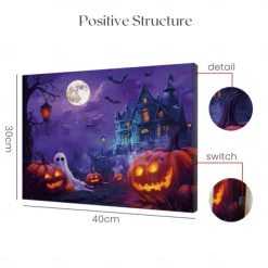 Halloween Pumpkin and Haunted Castle LED Canvas Wall Art - Battery Operated Lighted Wall Decor for 2025 Halloween home decoration light livingroom and bedroom