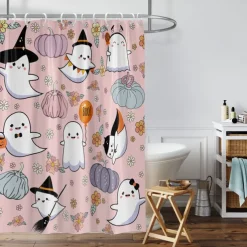 Halloween Pumpkin Candy Shower Curtain Modern Machine Washable Waterproof Polyester Fabric Used for Bathroom Decoration Bathtub with 12 Hooks