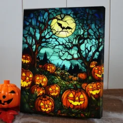Halloween Pumpkin Clock Night Scene LED Canvas Wall Art - Battery Operated Lighted Wall Decor for 2025 Halloween home decoration light livingroom and bedroom