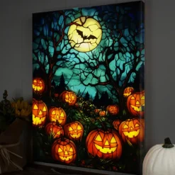 Halloween Pumpkin Clock Night Scene LED Canvas Wall Art - Battery Operated Lighted Wall Decor for 2025 Halloween home decoration light livingroom and bedroom