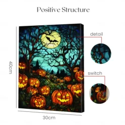 Halloween Pumpkin Clock Night Scene LED Canvas Wall Art - Battery Operated Lighted Wall Decor for 2025 Halloween home decoration light livingroom and bedroom
