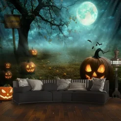 Halloween Pumpkin Tapestry – Spooky Jack-O'-Lantern Moonlight Forest Wall Art Backdrop, Large Hanging Mural Blanket Curtain for Home Bedroom Living Room Decoration