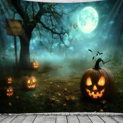 Halloween Pumpkin Tapestry – Spooky Jack-O'-Lantern Moonlight Forest Wall Art Backdrop, Large Hanging Mural Blanket Curtain for Home Bedroom Living Room Decoration