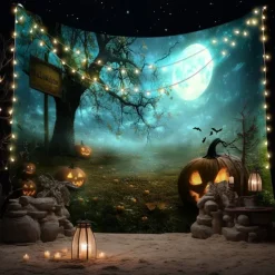 Halloween Pumpkin Tapestry – Spooky Jack-O'-Lantern Moonlight Forest Wall Art Backdrop, Large Hanging Mural Blanket Curtain for Home Bedroom Living Room Decoration