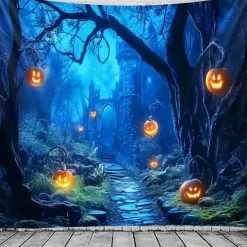 Halloween Pumpkin Tapestry – Spooky Jack-O'-Lantern Moonlight Forest Wall Art Backdrop, Large Hanging Mural Blanket Curtain for Home Bedroom Living Room Decoration