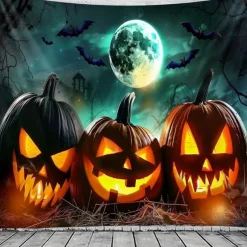 Halloween Pumpkin Wall Tapestry – Spooky Jack-O'-Lantern in Dark Forest, Blue Moon Night Wall Hanging for Party, Bedroom, Living Room, 2025 Halloween Home Decoration