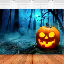 Halloween Pumpkin Wall Tapestry – Spooky Jack-O'-Lantern in Dark Forest, Blue Moon Night Wall Hanging for Party, Bedroom, Living Room, 2025 Halloween Home Decoration