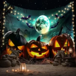 Halloween Pumpkin Wall Tapestry – Spooky Jack-O'-Lantern in Dark Forest, Blue Moon Night Wall Hanging for Party, Bedroom, Living Room, 2025 Halloween Home Decoration